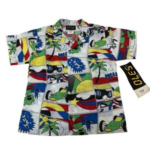 Vintage Kids Size 6 Cartoon Race Car Palm Tree Hawaiian Shirt Short Sleeve
